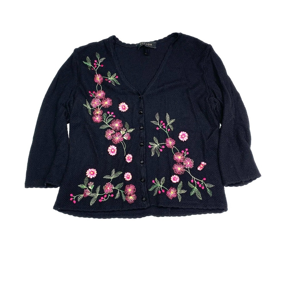 Escada Womens Black Floral Embroidered Knit Cardigan Sweater Pink Rose Button 38